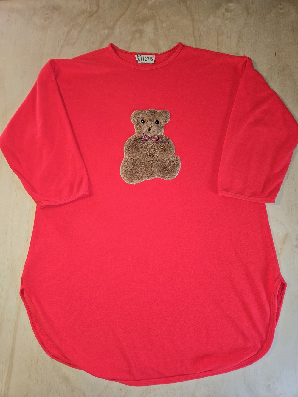 Vintage 80s 90s Kittens Red Fleece Lounge Top Dress Teddy Bear One Size USA Made